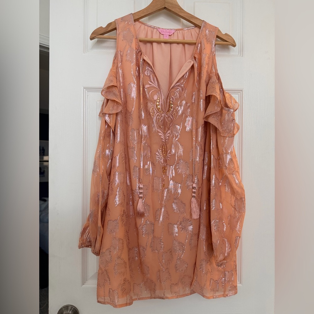 Lilly Pulitzer Cold Shoulder Coral Dress with Shimmering Accents